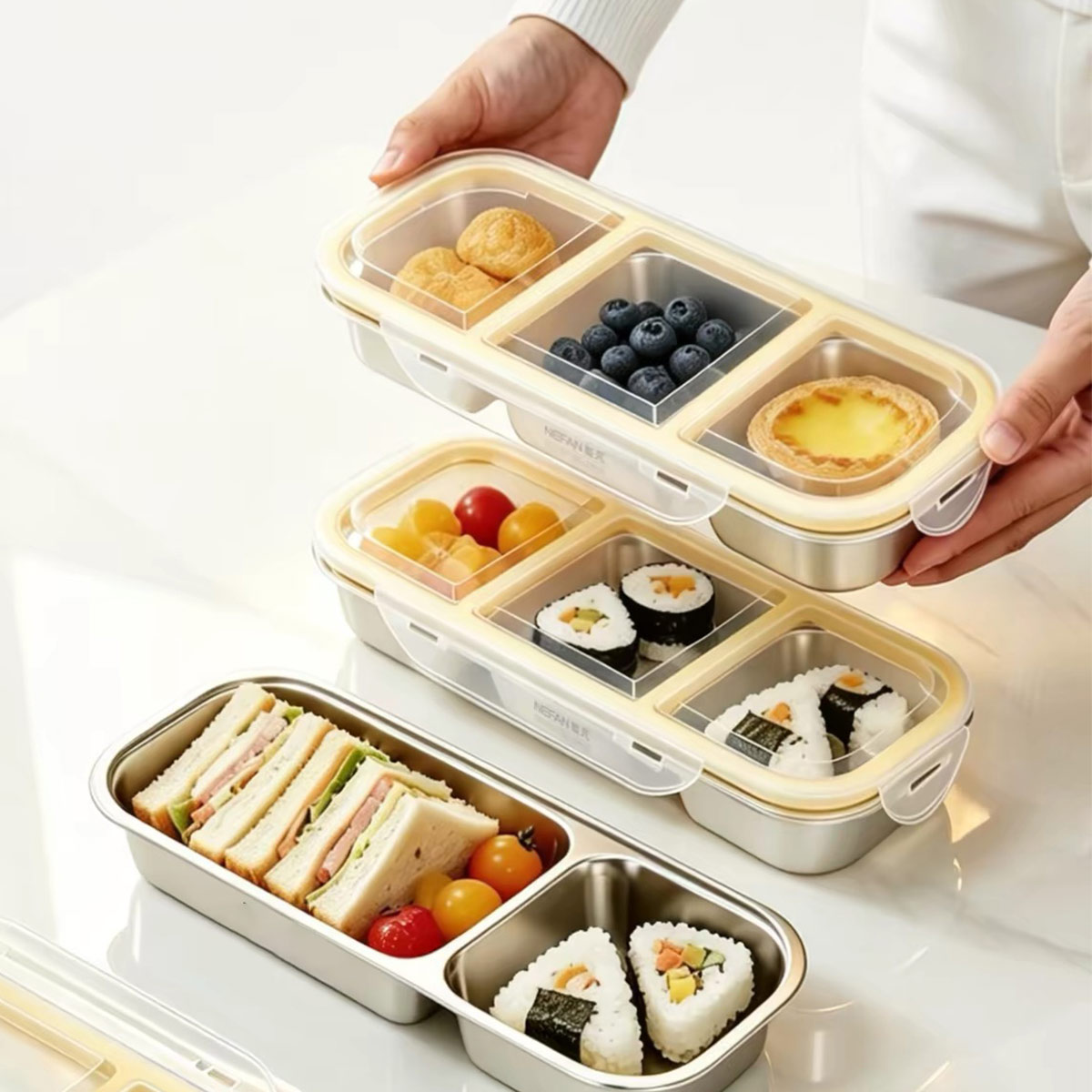 Food Storage Made Easy - ภาชนะเก็บอาหารสแตนเลสพร้อมฝาปิด, กล่องอาหารกลางวันแบบปิดสนิทเกรดอาหาร, ภาชนะใส่อาหารแบบสามช่อง