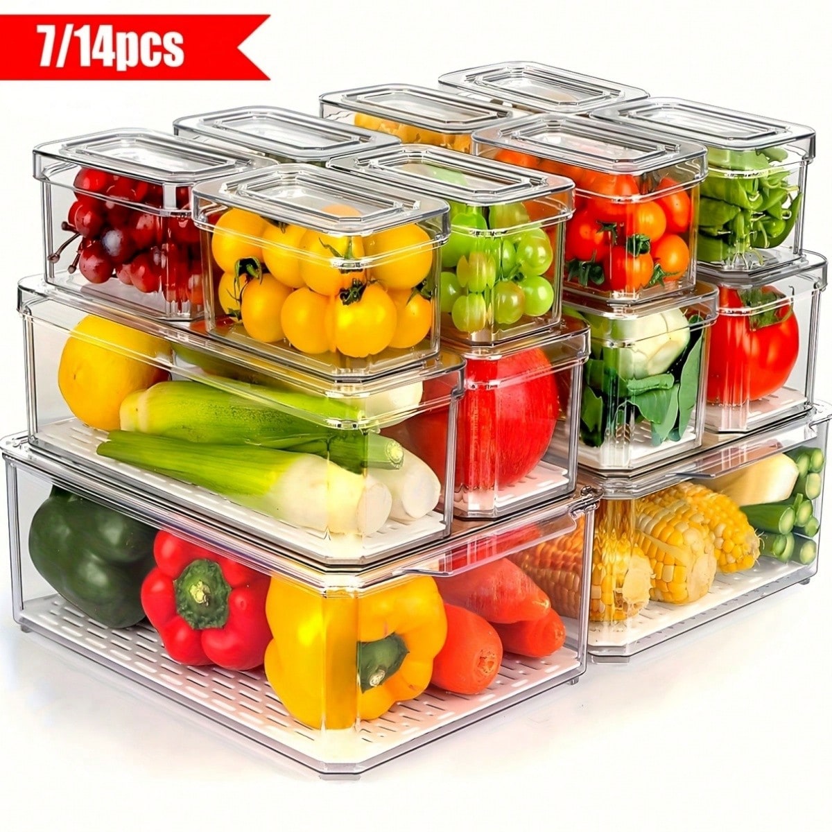 Food Storage Bins - ชุดกล่องจัดระเบียบตู้เย็นแบบซ้อนกันได้ 7/14 ชิ้น พร้อมฝาปิด ช่วยประหยัดพื้นที่ สำหรับเก็บอาหาร