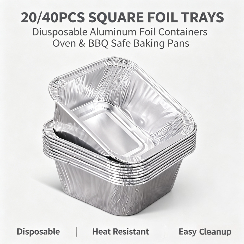 Food Storage Aluminum Containers - ถาดฟอยล์อลูมิเนียมแบบใช้แล้วทิ้งทรงสี่เหลี่ยม 20/40 ชิ้น สำหรับเก็บอาหาร ถาดอบสำหรับเตาอบ บาร์บีคิว