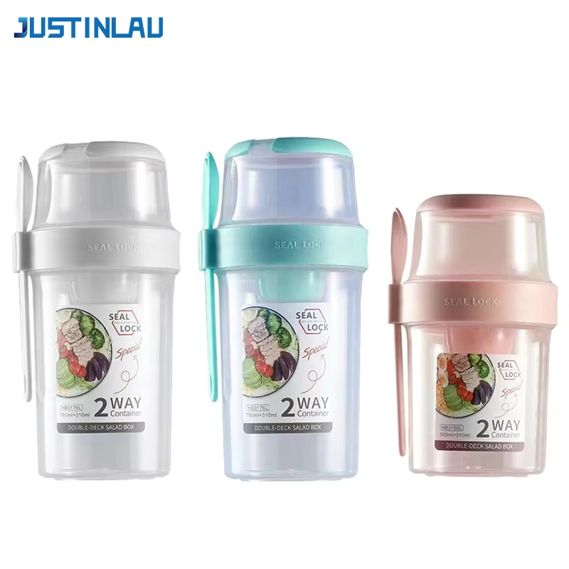 Food Storage Made Easy - JUSTINLAU ถ้วยสลัดลดน้ำหนักแบบพกพา ถ้วยโยเกิร์ตผลไม้สำหรับอาหารเช้า ฝาปิดพร้อมช้อน กล่องเก็บอาหารสำหรับกิจกรรมกลางแจ้ง กล่องปิคนิค