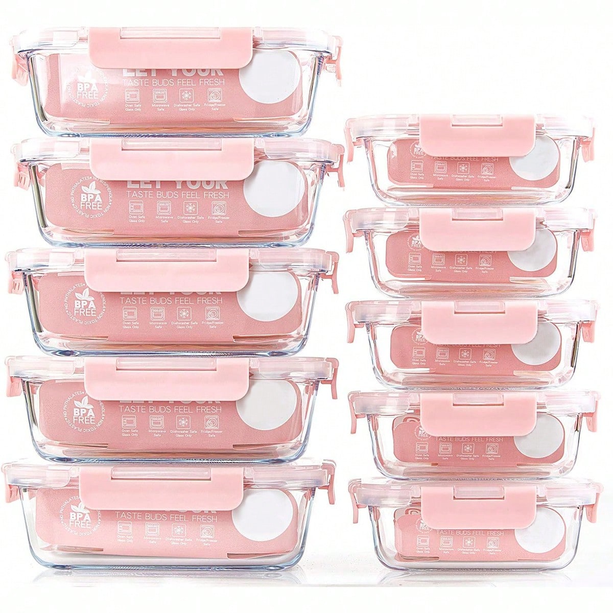 Food Storage Containers B&M - ชุดกล่องแก้วสำหรับเตรียมอาหาร 10 ชิ้น, กล่องเก็บอาหารพร้อมฝาปิดที่ปิดสนิท, กล่องอาหารกลางวันแก้ว, ใช้ได้กับไมโครเวฟ,