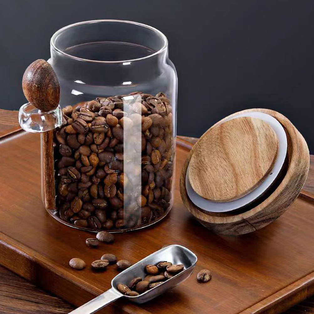 Food Storage Lid - โถเก็บอาหารแก้วใสพร้อมฝาไม้ปิดสนิท ภาชนะใส่กาแฟ โถใส่ชา โถเก็บธัญพืช สำหรับห้องครัว