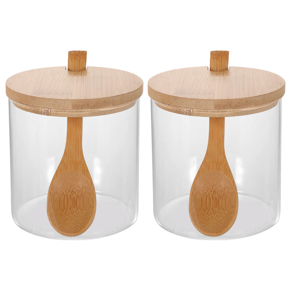 Food Storage Lid - ชุดภาชนะแก้วใสสำหรับใส่เครื่องปรุง 2 ชุด พร้อมฝาไม้ไผ่และช้อน ภาชนะเก็บเกลือ น้ำตาล